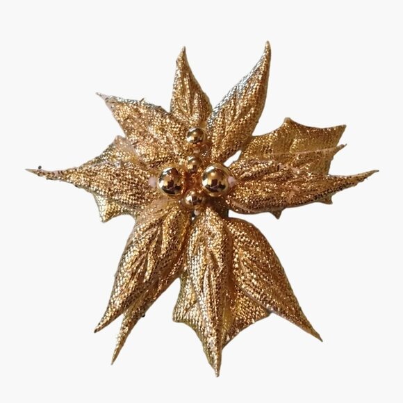 Gold Poinsettia Flower Brooch Pin Fabric Lame Holiday Christmas Jewelry - Picture 4 of 4